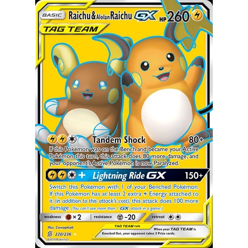 Raichu & Alolan Raichu GX 220/236 SM Unified Minds Holo Full Art Ultra Rare Pokemon Card NEAR MINT TCG
