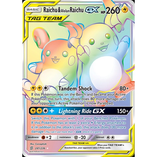 Raichu & Alolan Raichu GX 241/236 SM Unified Minds Holo Full Art Secret Hyper Rainbow Rare Pokemon Card NEAR MINT TCG
