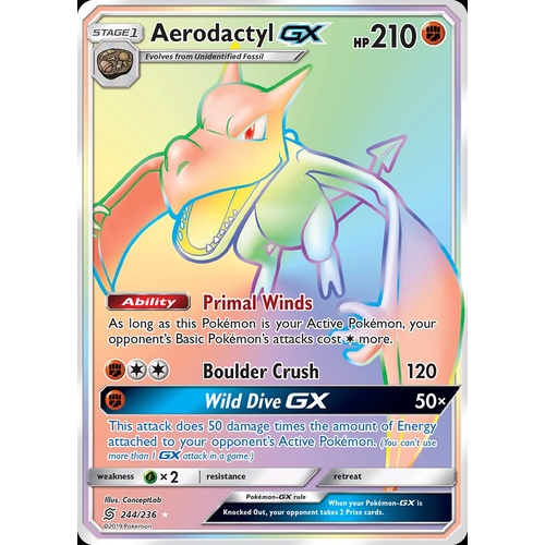 Aerodactyl GX 244/236 SM Unified Minds Holo Full Art Secret Hyper Rainbow Rare Pokemon Card NEAR MINT TCG